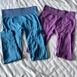 ✨2pc Scrunch Butt Seamless Leggings Lot L Blue Purple High Waist Yoga Workout